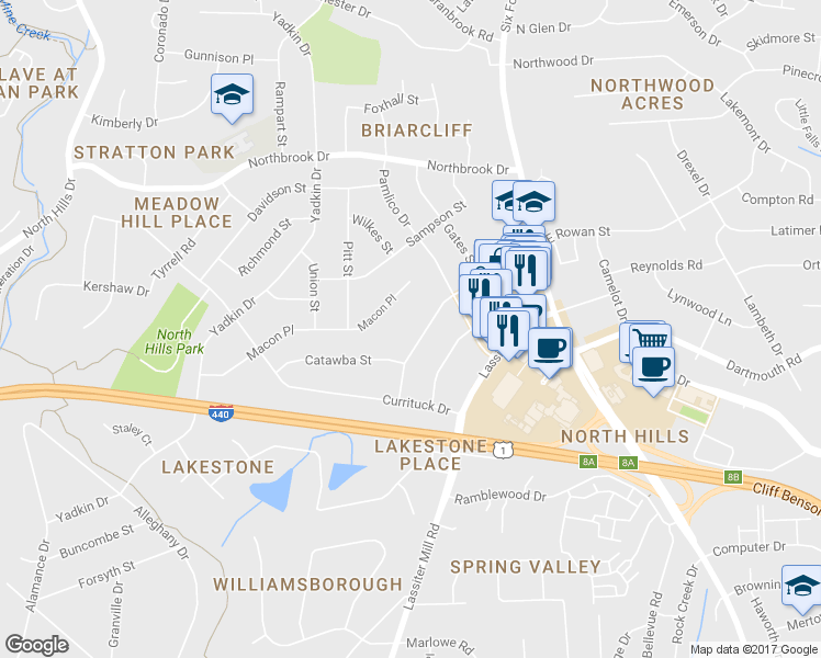 map of restaurants, bars, coffee shops, grocery stores, and more near 4213 Rowan Street in Raleigh