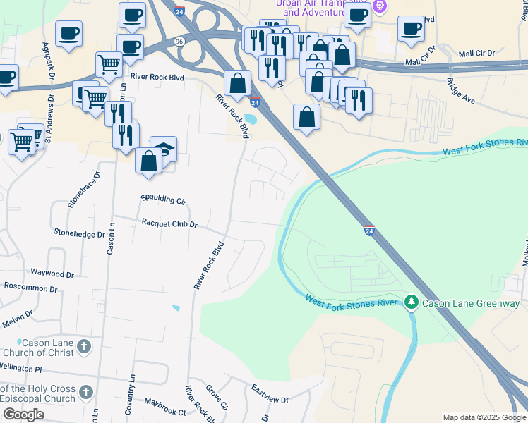 map of restaurants, bars, coffee shops, grocery stores, and more near 605 River Rock Boulevard in Murfreesboro
