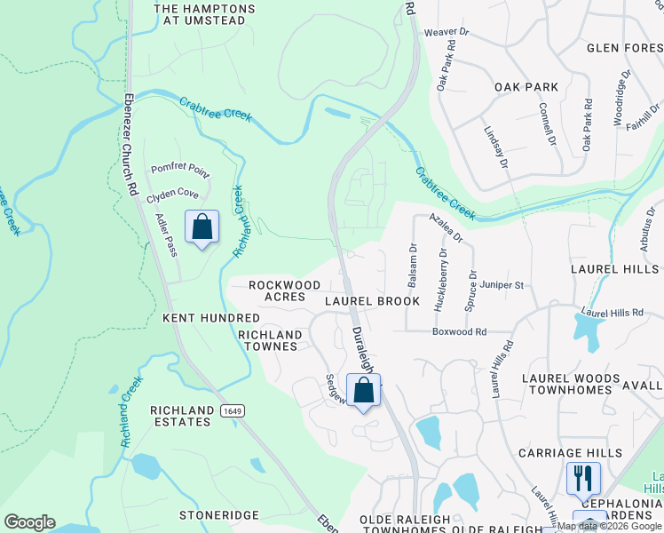 map of restaurants, bars, coffee shops, grocery stores, and more near 4501 Duraleigh Road in Raleigh