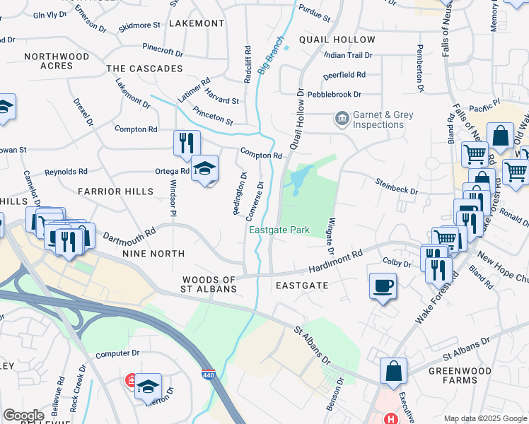 map of restaurants, bars, coffee shops, grocery stores, and more near 4051 Quail Hollow Drive in Raleigh