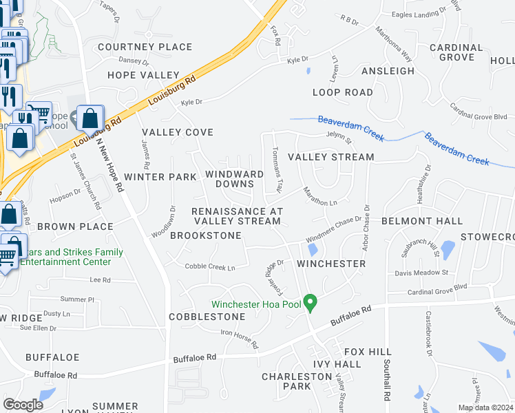 map of restaurants, bars, coffee shops, grocery stores, and more near 4640 Valley Stream Drive in Raleigh