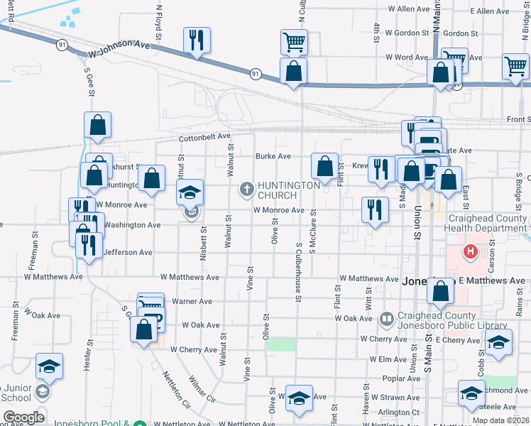 map of restaurants, bars, coffee shops, grocery stores, and more near 822 West Monroe Avenue in Jonesboro