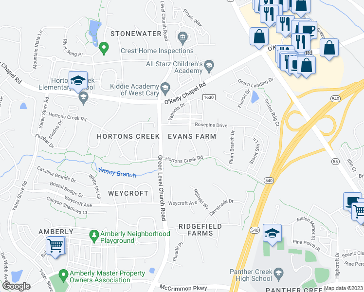 map of restaurants, bars, coffee shops, grocery stores, and more near 3919 Wedonia Drive in Cary