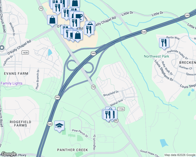 map of restaurants, bars, coffee shops, grocery stores, and more near 1556 Kiln Court in Cary