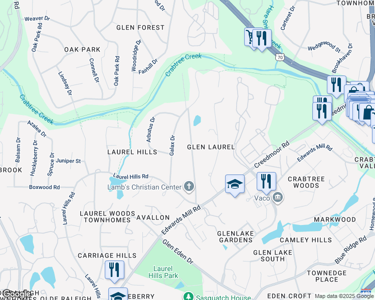map of restaurants, bars, coffee shops, grocery stores, and more near 4133 White Pine Drive in Raleigh