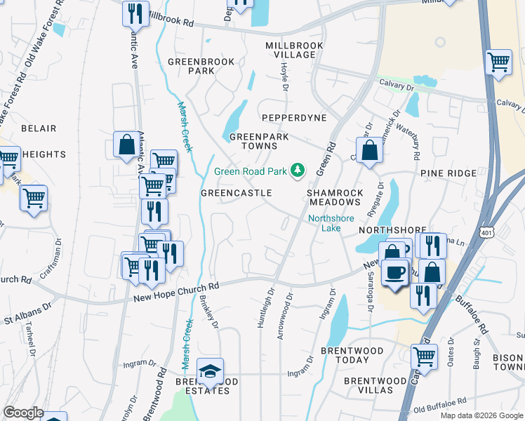 map of restaurants, bars, coffee shops, grocery stores, and more near 4225 Greencastle Court in Raleigh