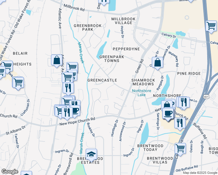 map of restaurants, bars, coffee shops, grocery stores, and more near 4225 Greencastle Court in Raleigh