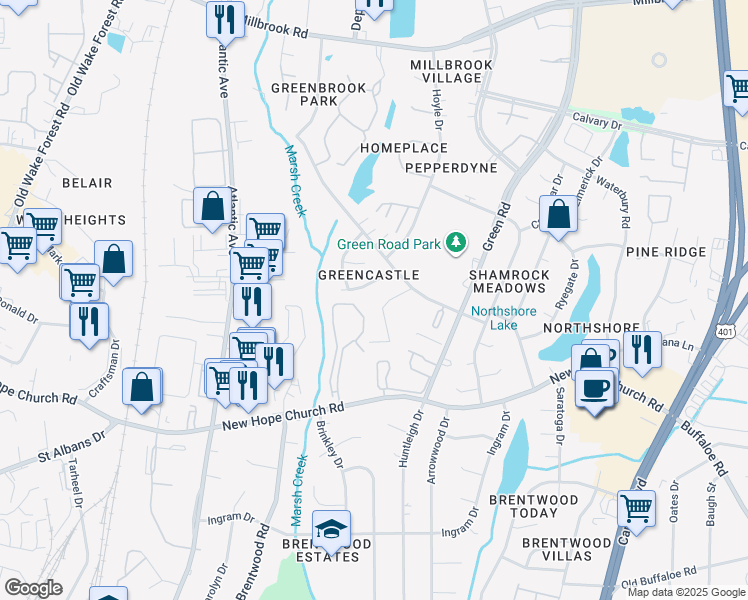map of restaurants, bars, coffee shops, grocery stores, and more near 4224 Bertram Drive in Raleigh
