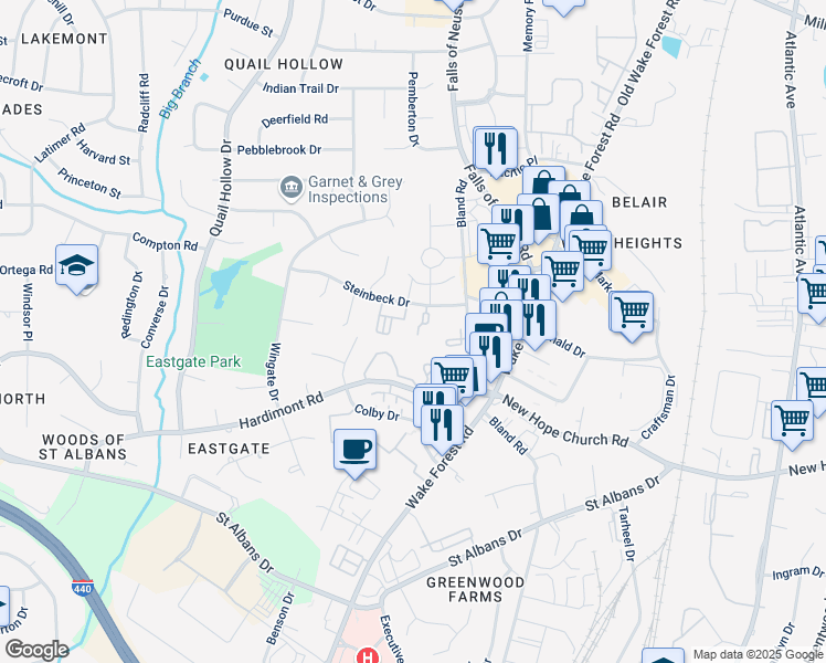 map of restaurants, bars, coffee shops, grocery stores, and more near 1320 Steinbeck Drive in Raleigh