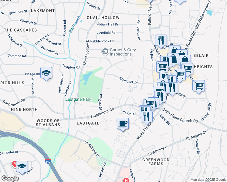 map of restaurants, bars, coffee shops, grocery stores, and more near 1116 Paine Court in Raleigh