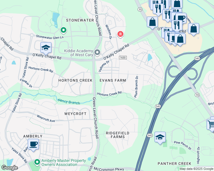 map of restaurants, bars, coffee shops, grocery stores, and more near 3919 Wedonia Drive in Cary