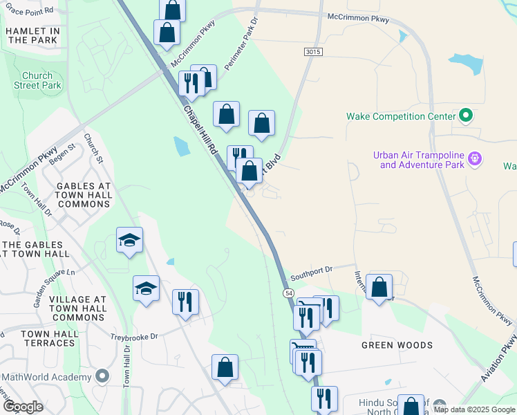 map of restaurants, bars, coffee shops, grocery stores, and more near 10414 Chapel Hill Road in Morrisville