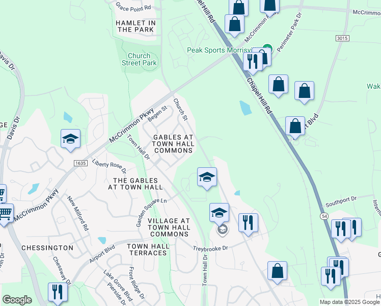 map of restaurants, bars, coffee shops, grocery stores, and more near 600 Courthouse Drive in Morrisville