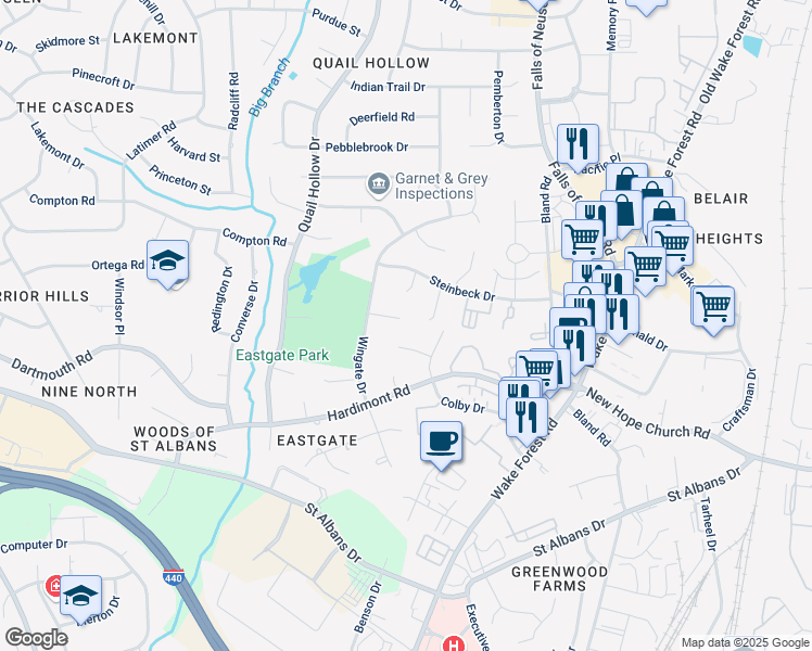 map of restaurants, bars, coffee shops, grocery stores, and more near 1116 Paine Court in Raleigh