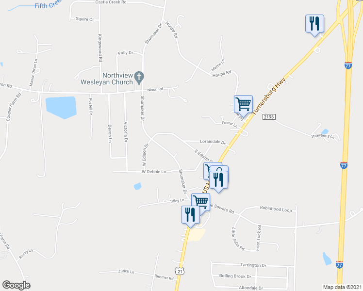 map of restaurants, bars, coffee shops, grocery stores, and more near 153 East Edison Drive in Statesville