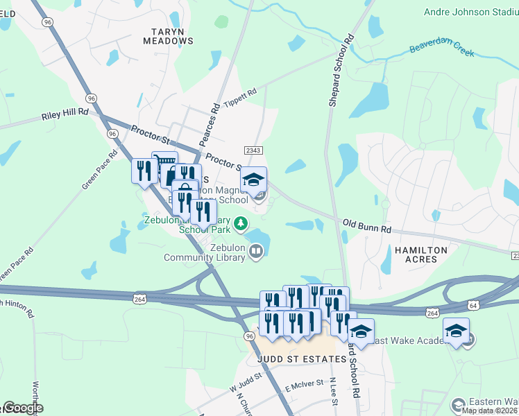 map of restaurants, bars, coffee shops, grocery stores, and more near 700 Proctor Street in Zebulon