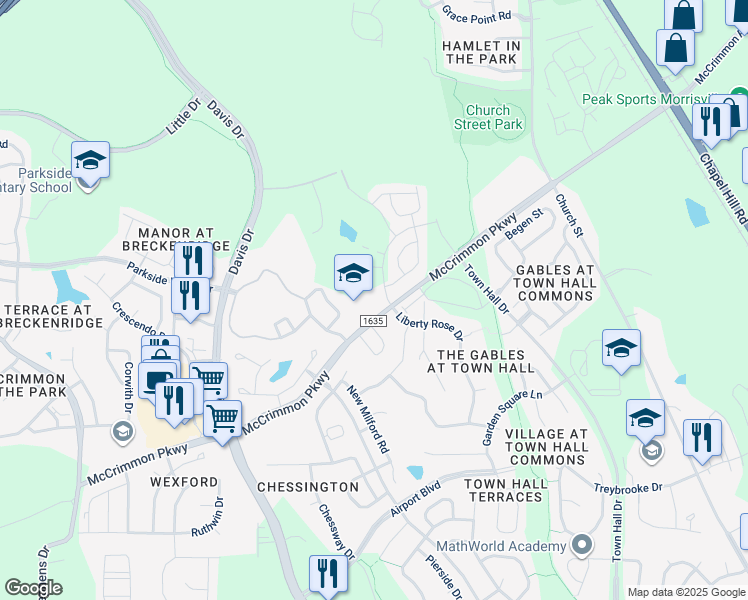 map of restaurants, bars, coffee shops, grocery stores, and more near 1001 Harris Mill Road in Morrisville