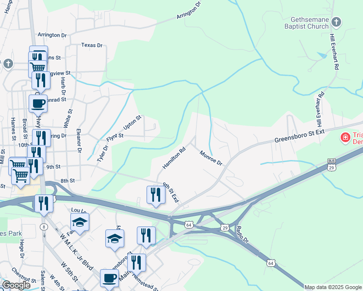 map of restaurants, bars, coffee shops, grocery stores, and more near 211 Hamilton Road in Lexington