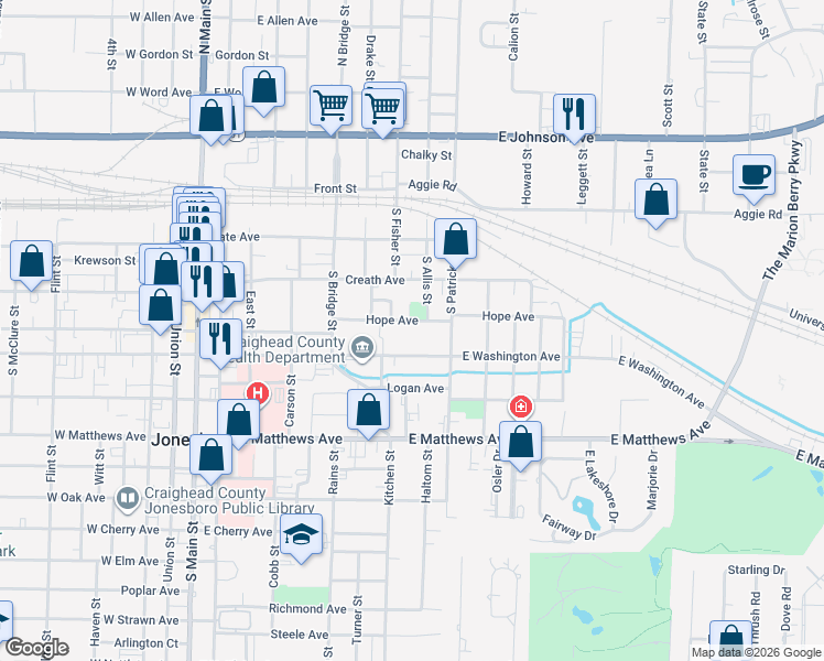 map of restaurants, bars, coffee shops, grocery stores, and more near 314 South Allis Street in Jonesboro