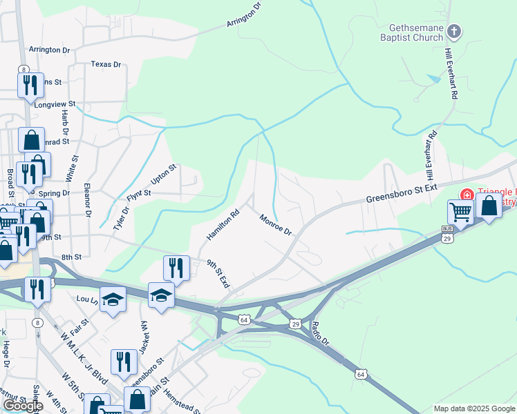map of restaurants, bars, coffee shops, grocery stores, and more near 118 Monroe Drive in Lexington