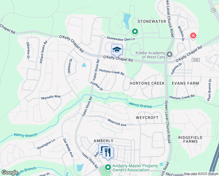 map of restaurants, bars, coffee shops, grocery stores, and more near 542 Finnbar Drive in Cary