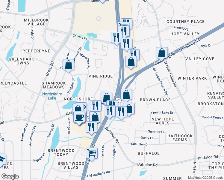 map of restaurants, bars, coffee shops, grocery stores, and more near 4324 Bona Court in Raleigh