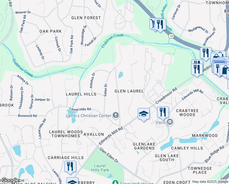 map of restaurants, bars, coffee shops, grocery stores, and more near 4133 White Pine Drive in Raleigh