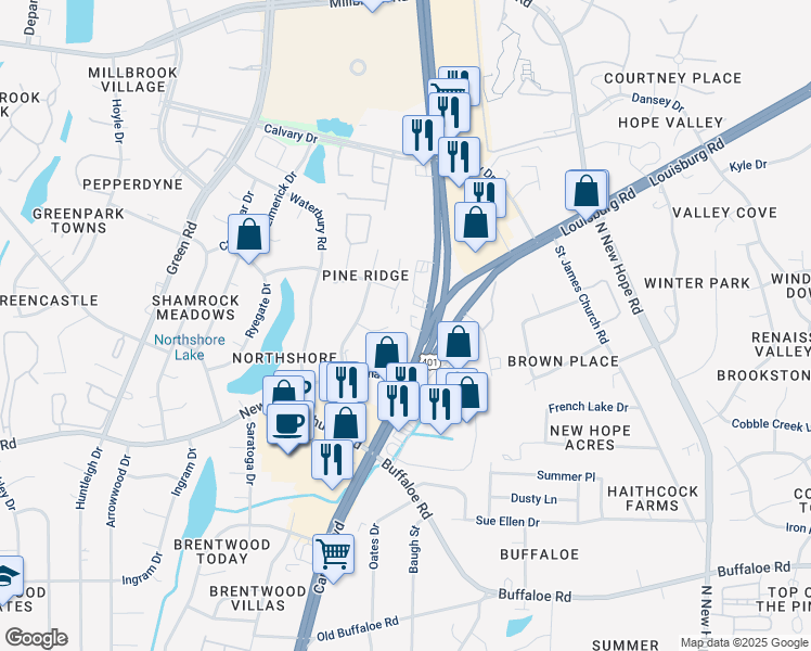 map of restaurants, bars, coffee shops, grocery stores, and more near 4324 Bona Court in Raleigh