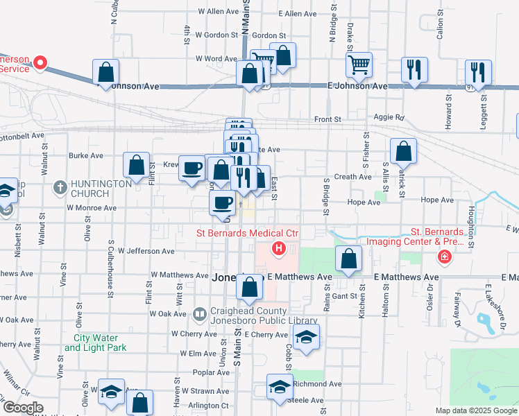 map of restaurants, bars, coffee shops, grocery stores, and more near 328 South Church Street in Jonesboro