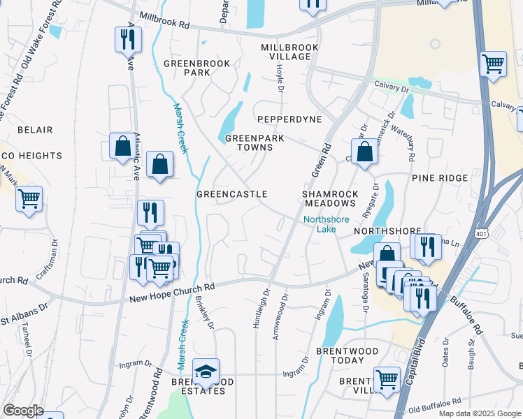 map of restaurants, bars, coffee shops, grocery stores, and more near 4225 Greencastle Court in Raleigh