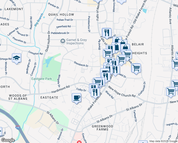 map of restaurants, bars, coffee shops, grocery stores, and more near 1320 Steinbeck Drive in Raleigh