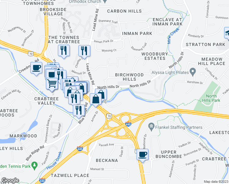map of restaurants, bars, coffee shops, grocery stores, and more near 2105 North Hills Drive in Raleigh