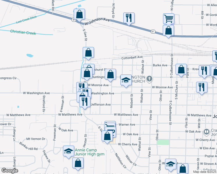 map of restaurants, bars, coffee shops, grocery stores, and more near 1222 West Monroe Avenue in Jonesboro