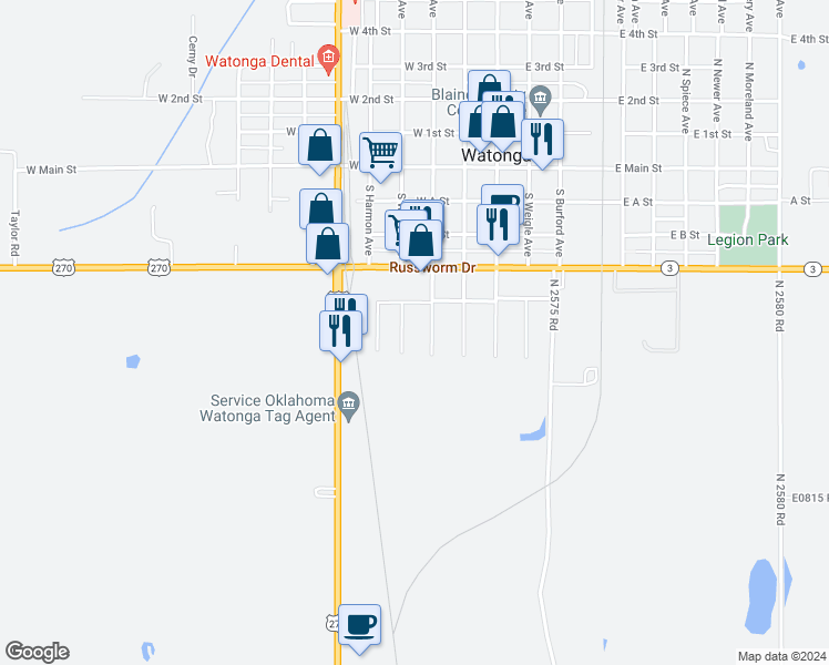 map of restaurants, bars, coffee shops, grocery stores, and more near 500 South Leach Avenue in Watonga