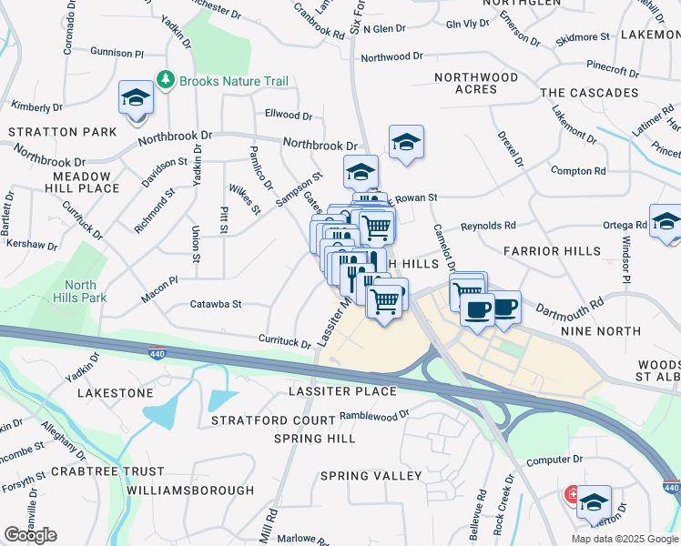 map of restaurants, bars, coffee shops, grocery stores, and more near 4209 Lassiter Mill Road in Raleigh