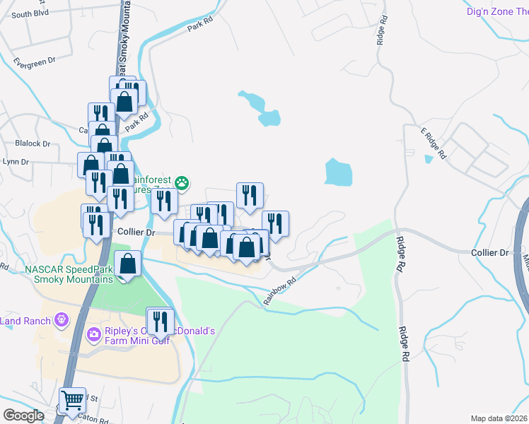 map of restaurants, bars, coffee shops, grocery stores, and more near 2211 Collier Drive in Sevierville
