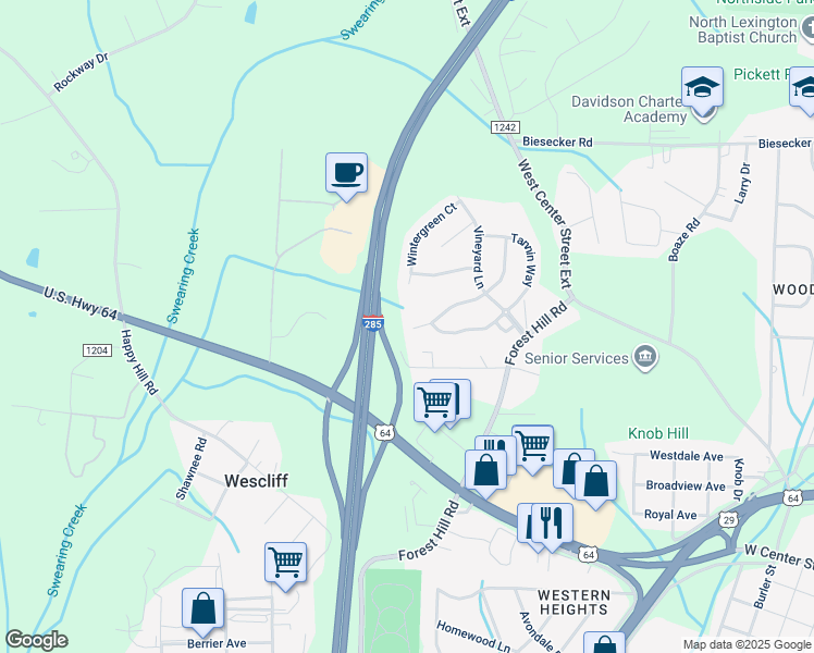 map of restaurants, bars, coffee shops, grocery stores, and more near 142 Habersham Court in Lexington