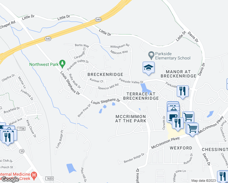 map of restaurants, bars, coffee shops, grocery stores, and more near 108 Acapella Lane in Morrisville