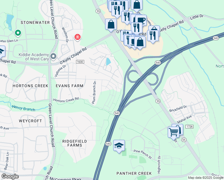 map of restaurants, bars, coffee shops, grocery stores, and more near 2025 Alston Avenue in Cary
