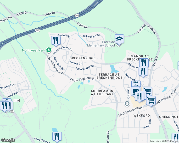map of restaurants, bars, coffee shops, grocery stores, and more near 108 Acapella Lane in Morrisville
