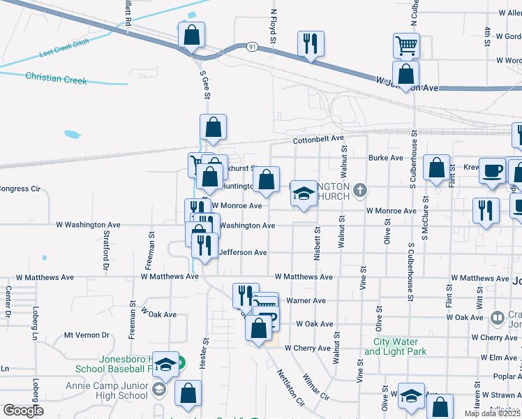map of restaurants, bars, coffee shops, grocery stores, and more near 1311 West Monroe Avenue in Jonesboro