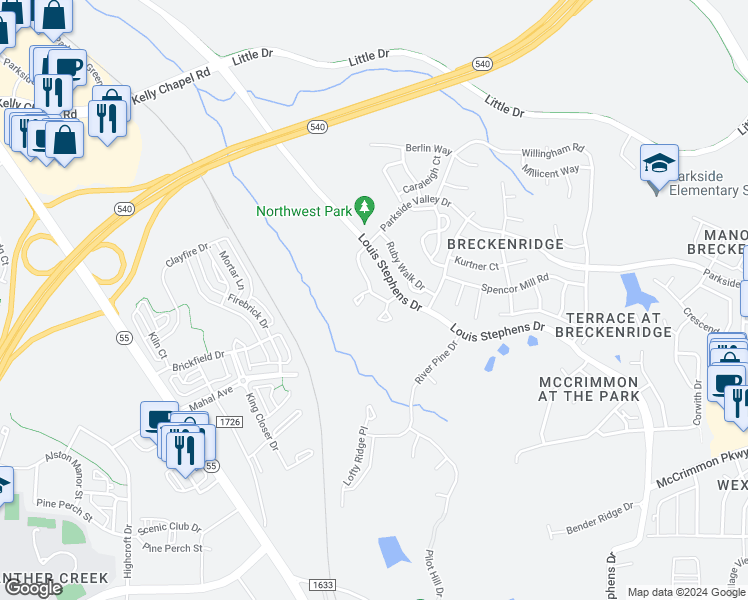 map of restaurants, bars, coffee shops, grocery stores, and more near 408 Walnut Woods Drive in Morrisville