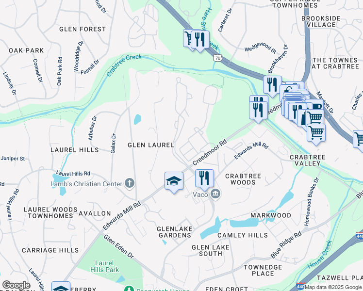 map of restaurants, bars, coffee shops, grocery stores, and more near 18 Manor Club Drive in Raleigh