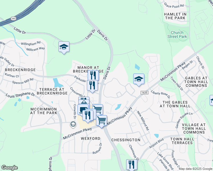 map of restaurants, bars, coffee shops, grocery stores, and more near 100 Summer Sky Drive in Morrisville