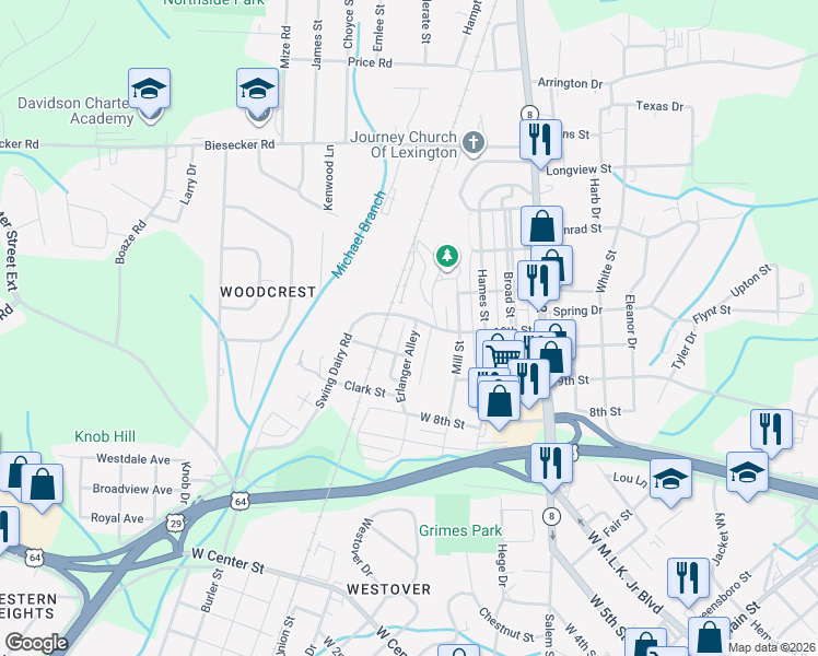 map of restaurants, bars, coffee shops, grocery stores, and more near 819 Olympia Street in Lexington