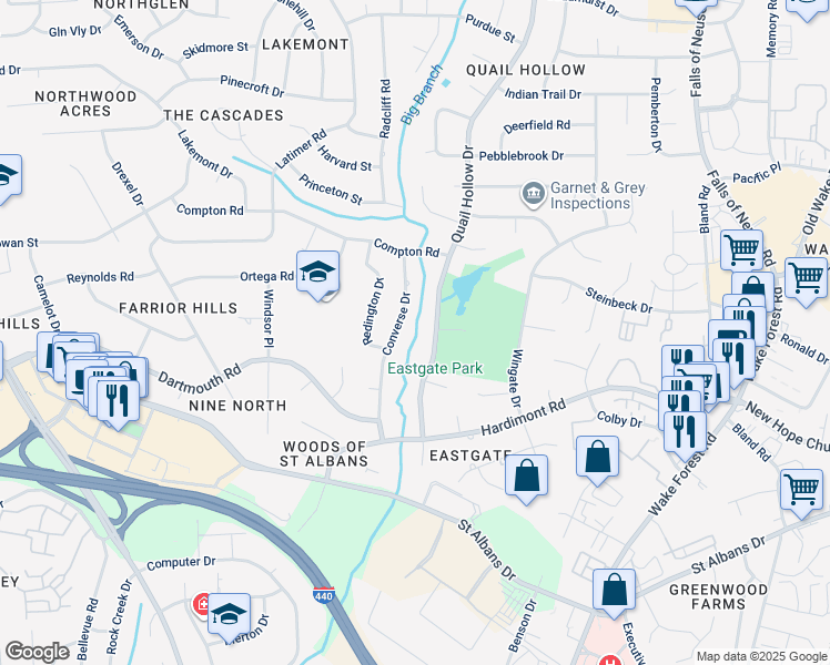 map of restaurants, bars, coffee shops, grocery stores, and more near 4051 Quail Hollow Drive in Raleigh