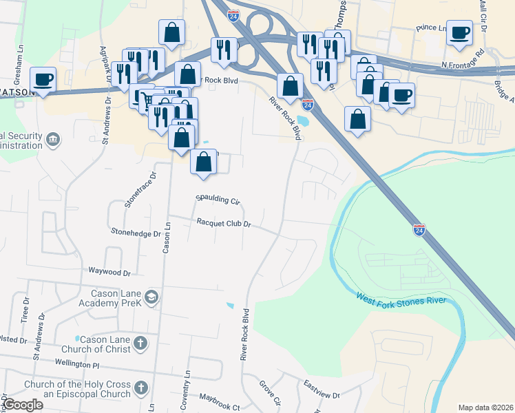 map of restaurants, bars, coffee shops, grocery stores, and more near 2510 Spaulding Circle in Murfreesboro