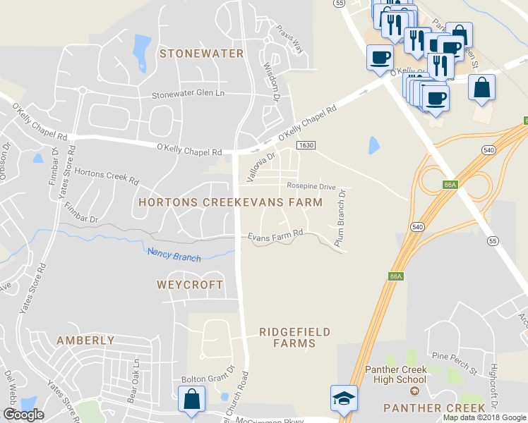 map of restaurants, bars, coffee shops, grocery stores, and more near 3919 Wedonia Drive in Cary