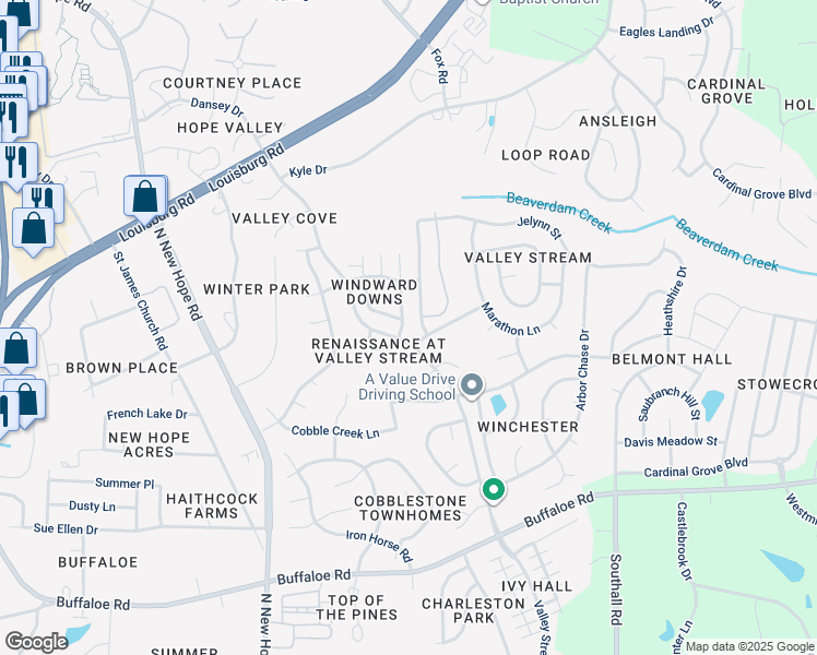 map of restaurants, bars, coffee shops, grocery stores, and more near 4704 Windblown Court in Raleigh