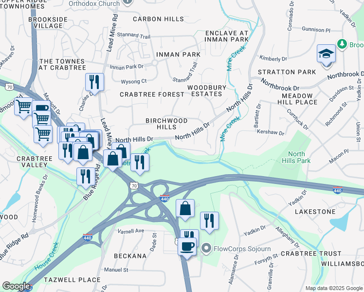 map of restaurants, bars, coffee shops, grocery stores, and more near 1931 North Hills Drive in Raleigh